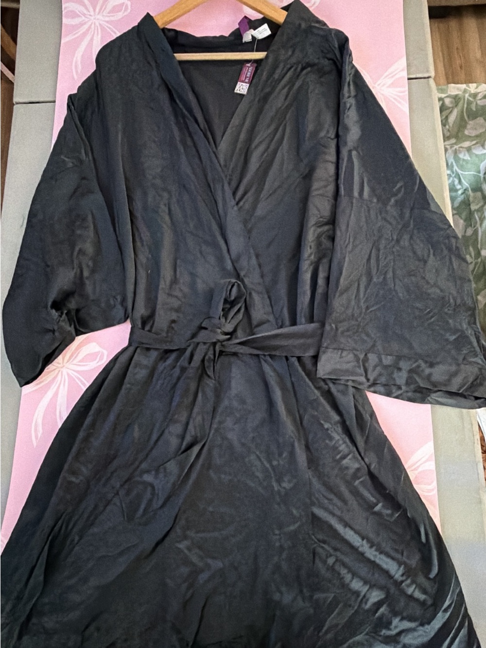 Adore Me Black Satin Wrap Robe with Tie Waist